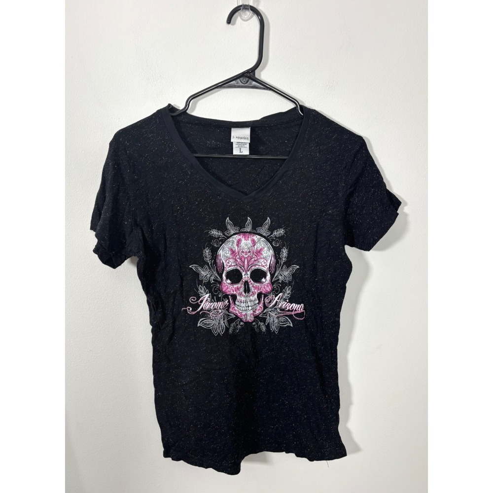 Jerome Arizona Sugar Skull Graphic Tee Black Pink Glitter V-Neck Large Goth Y2K